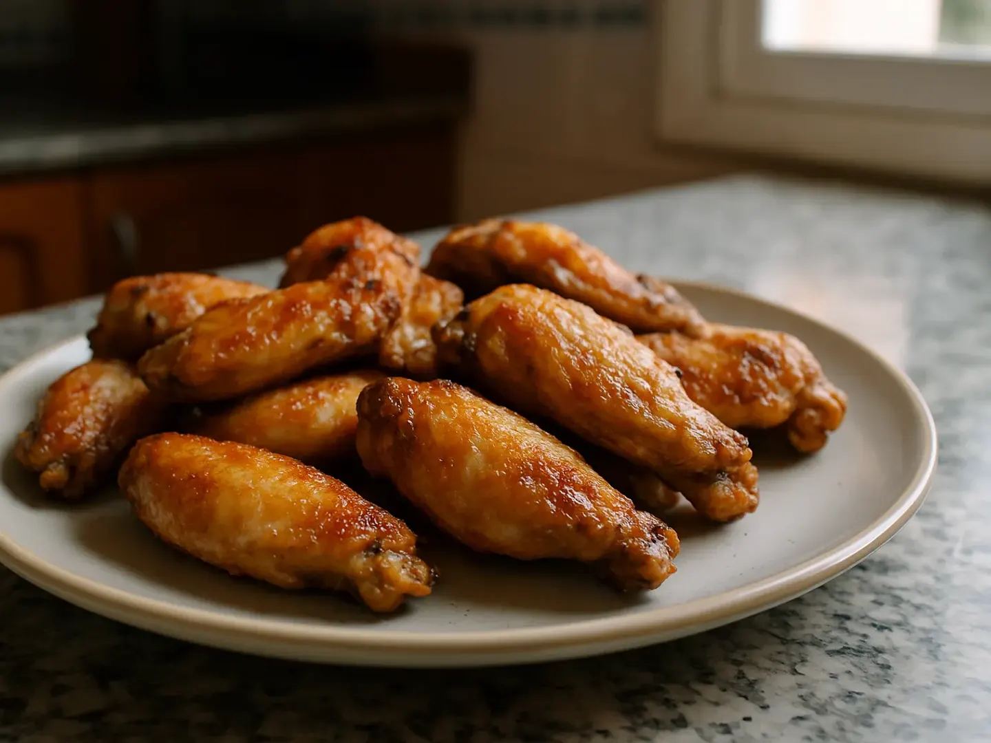 Alitas de pollo doradas con piel crujiente, servidas en un plato llano