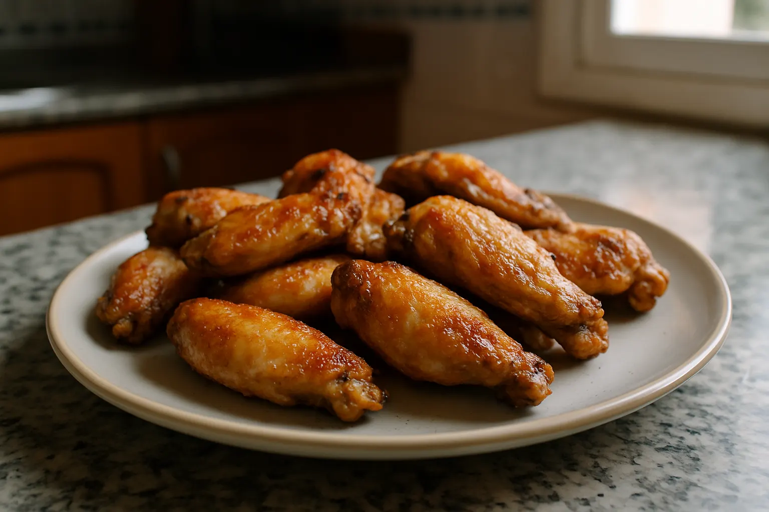 Alitas de pollo doradas con piel crujiente, servidas en un plato llano