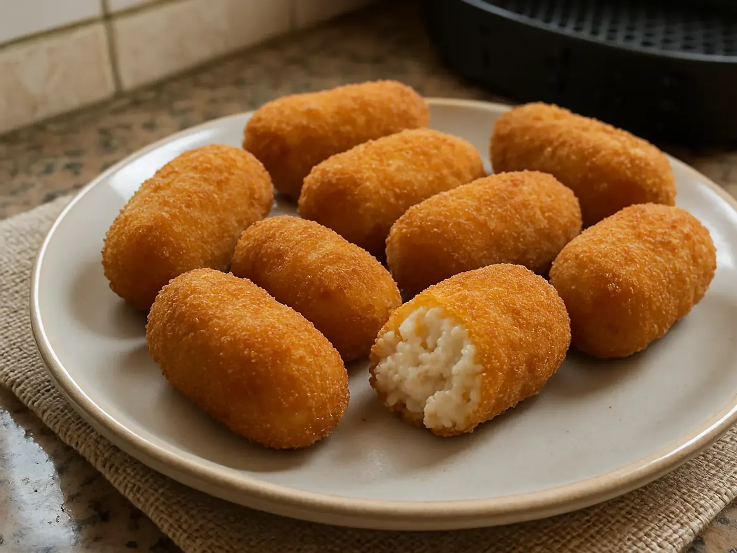 Croquetas de tamaño mediano doradas, una partida para mostrar el relleno
