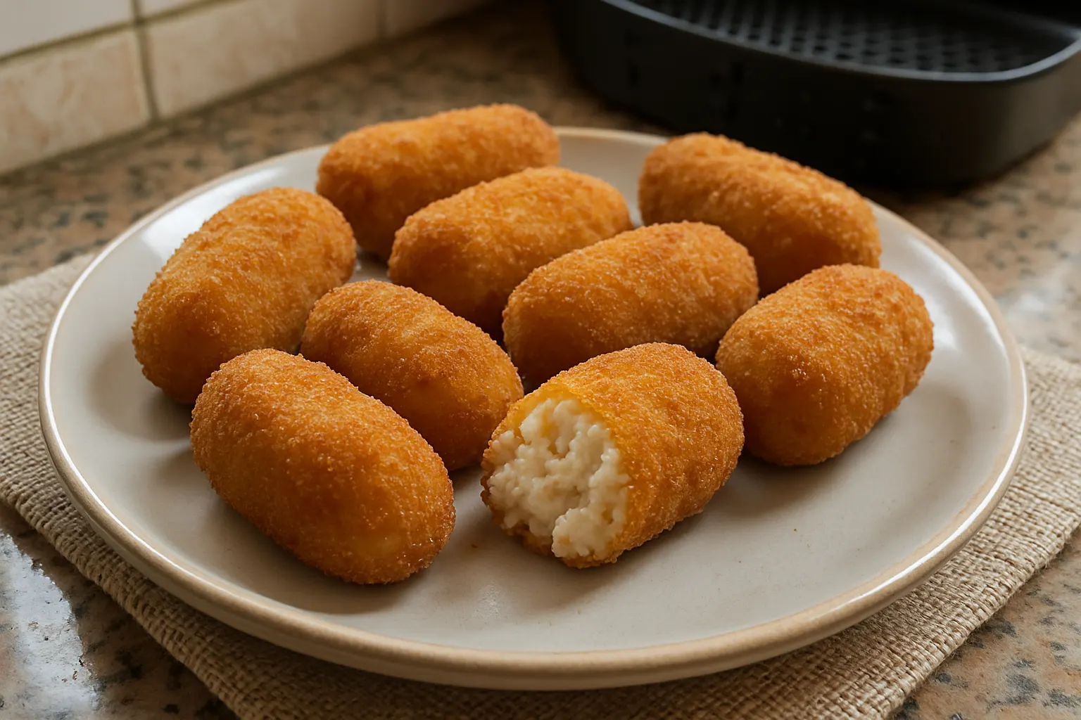 Croquetas de tamaño mediano doradas, una partida para mostrar el relleno