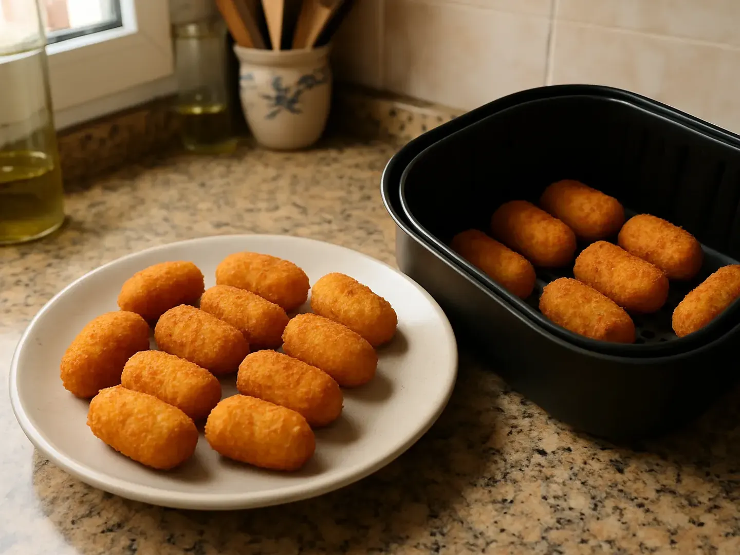 Croquetas mini doradas en un plato junto a la cesta de una freidora de aire