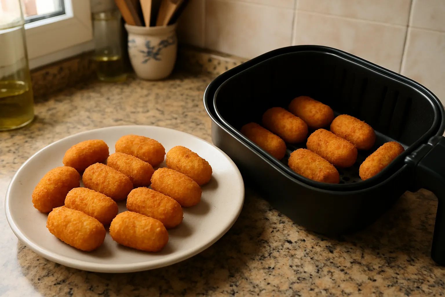 Croquetas mini doradas en un plato junto a la cesta de una freidora de aire