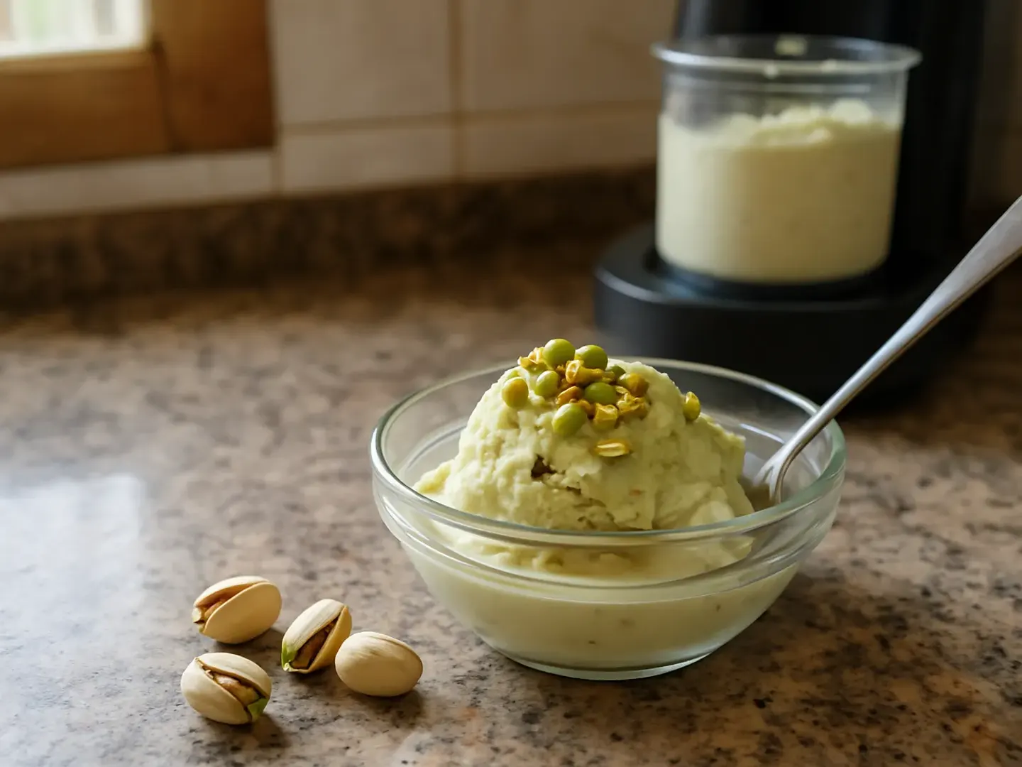 Pistachio ice cream in a glass bowl, topped with chopped pistachios