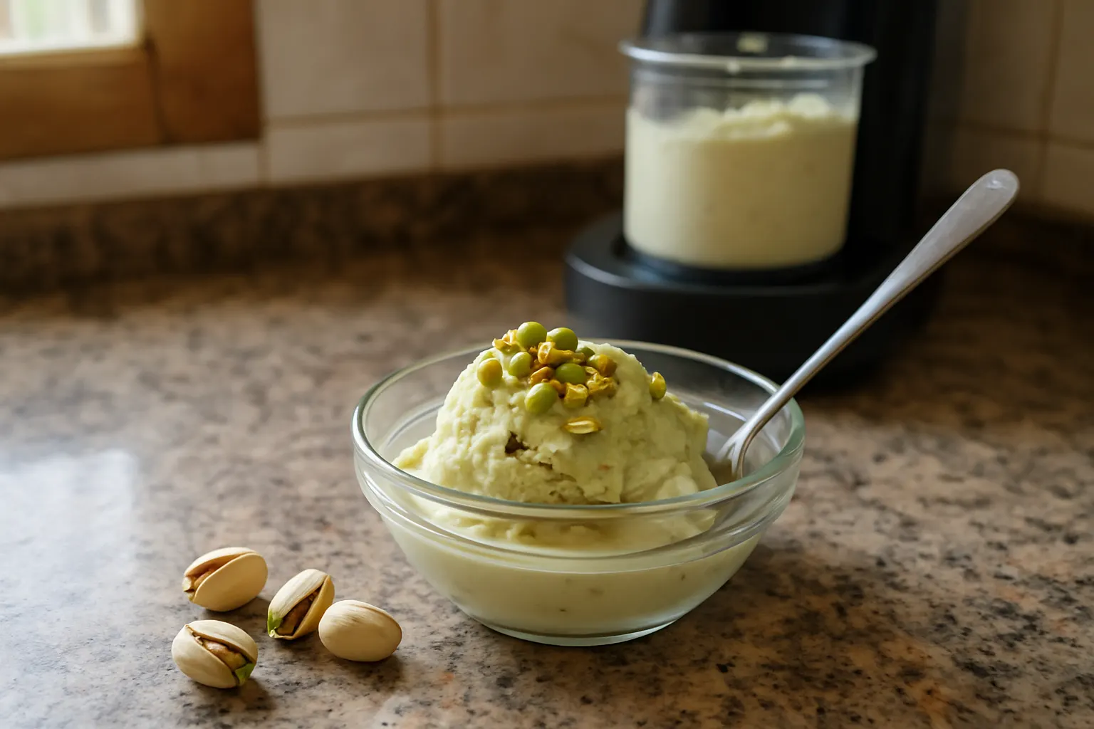 Pistachio ice cream in a glass bowl, topped with chopped pistachios