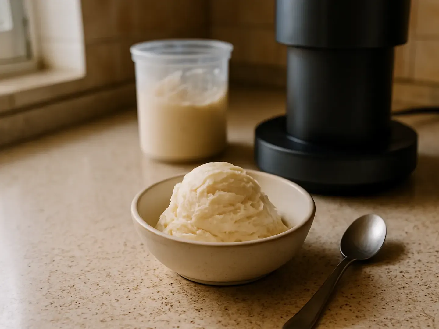 Helado proteico de yogur en un cuenco de cerámica con una cuchara al lado