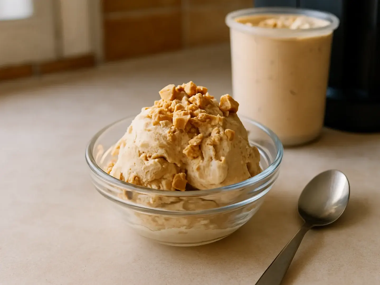 Helado de turrón de Jijona en una copa, con trocitos de turrón por encima