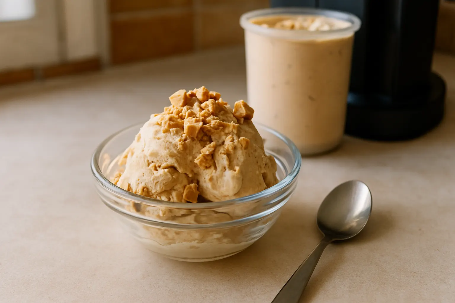 Helado de turrón de Jijona en una copa, con trocitos de turrón por encima