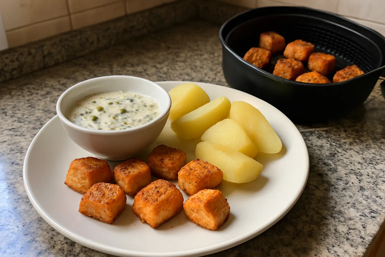 Dados de salmón con salsa de yogur, alcaparras y eneldo en un plato