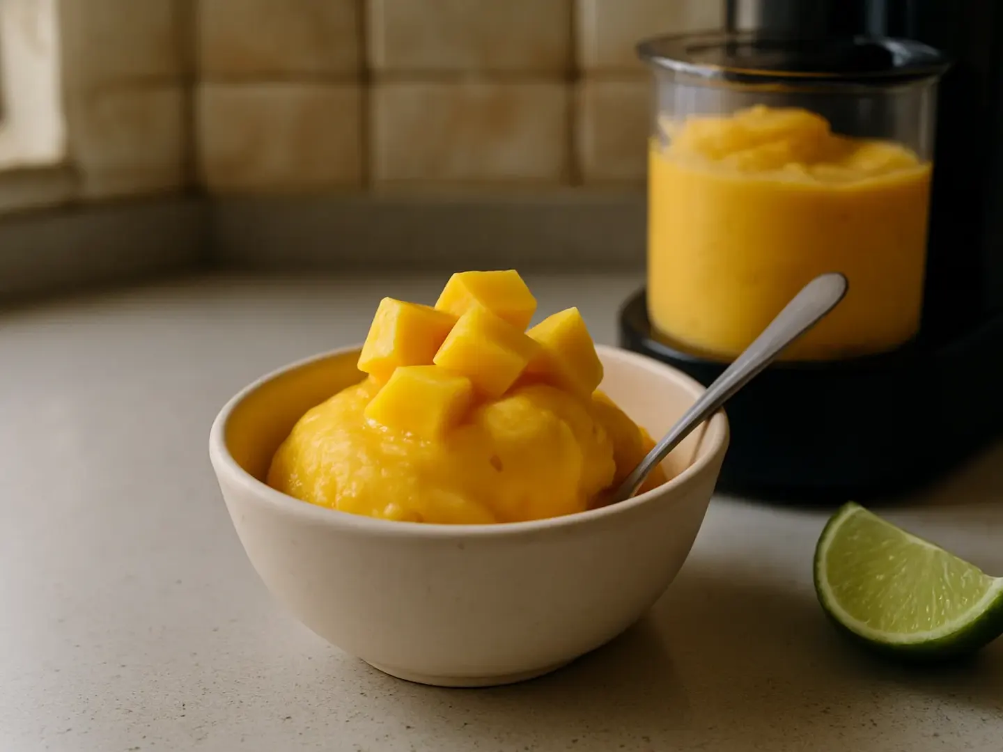 Sorbete de mango en un cuenco, con dados de fruta y una lima al lado