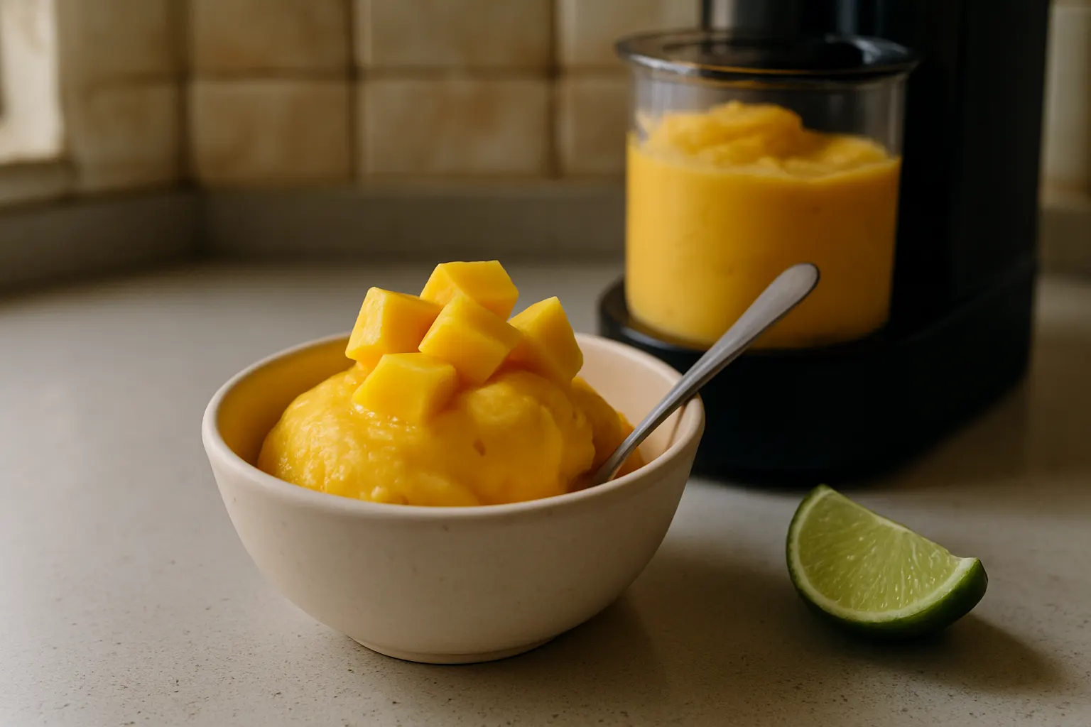 Sorbete de mango en un cuenco, con dados de fruta y una lima al lado