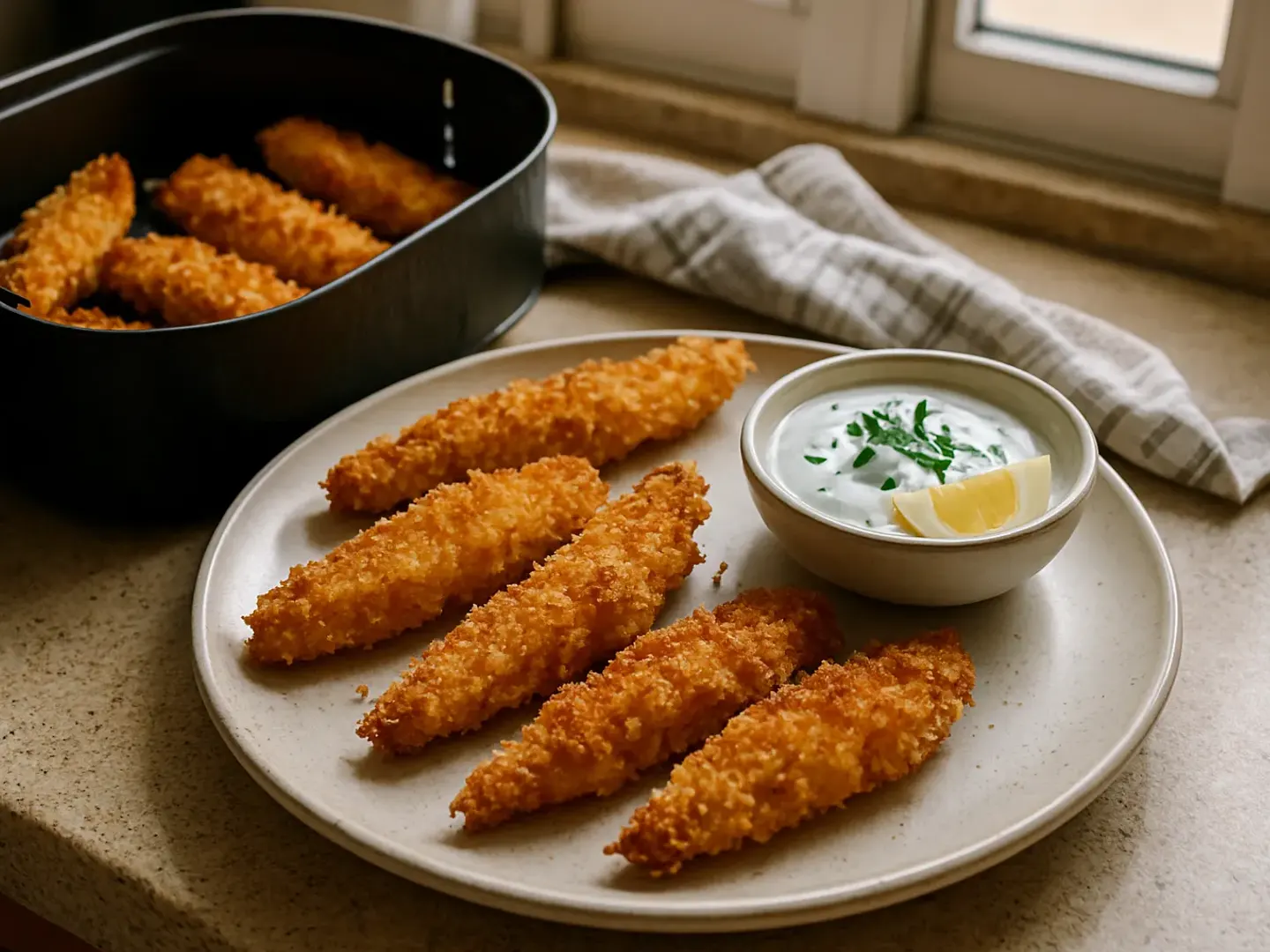 Tiras de pollo con panko dorado junto a salsa de yogur, limón y cebollino